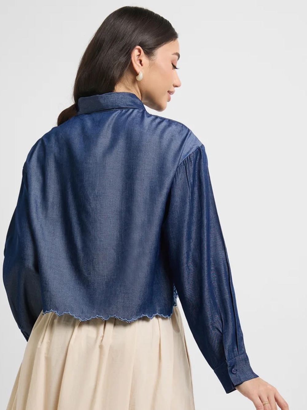 Zara Chambray Eyelet Embroidered Cropped Button Down Shirt - Picture 9 of 9